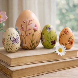 Hand-Painted Wooden Easter Eggs Set, Florals/Butterflies Signed “Alice ’22”